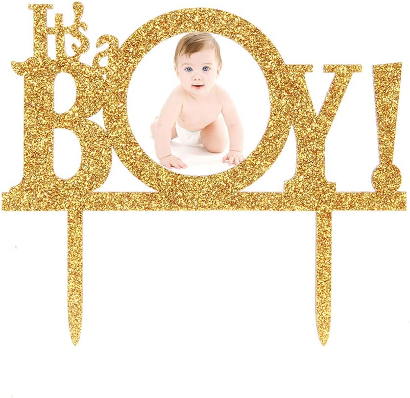 Gold It's a Boy Cake Topper with Photo Frame, Baby Boy 1st Birthday Photo Picture Baby Shower Birthday Party Cake Decorations