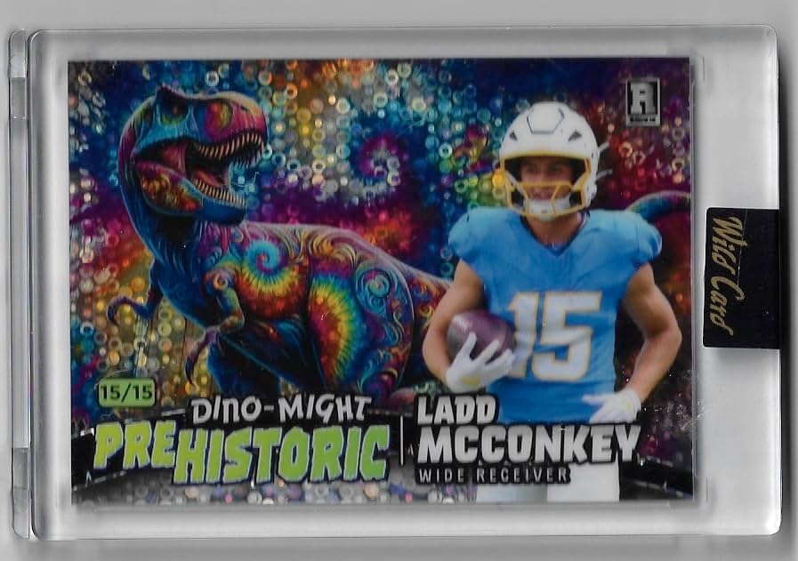 Ladd McConkey Pre-Historic Serial Numbered #15/15 Blue Donut Circles Foil Board T-Rex #1 Rookie Card Collectible Football Card - 2024 Wild Card Pre-Historic Dino-Might Collectible Football Card #PHTRX1-LM (Chargers)