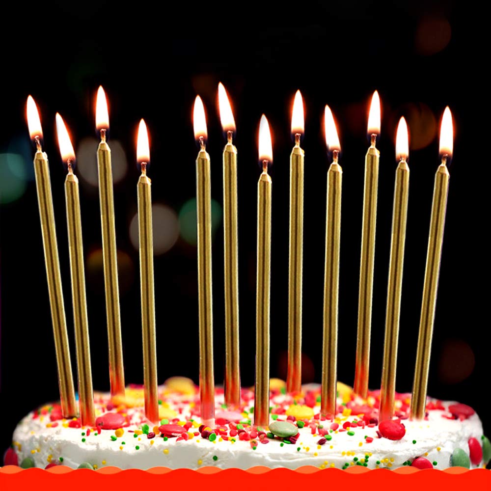 Lot de 12 bougies longues et fines pour gâteau d'anniversaire - Champagne doré - Pour anniversaire, fête de mariage - Décorations de cupcakes