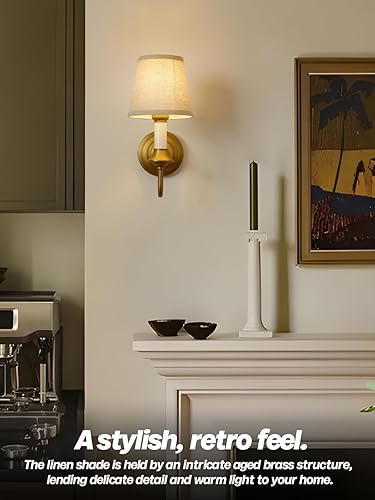 Miniatura 3 de Lámpara de pared de tela vintage con brazo curvo, accesorios de pared de tela de lino rústico, lámpara de pared de latón cableado para baño,