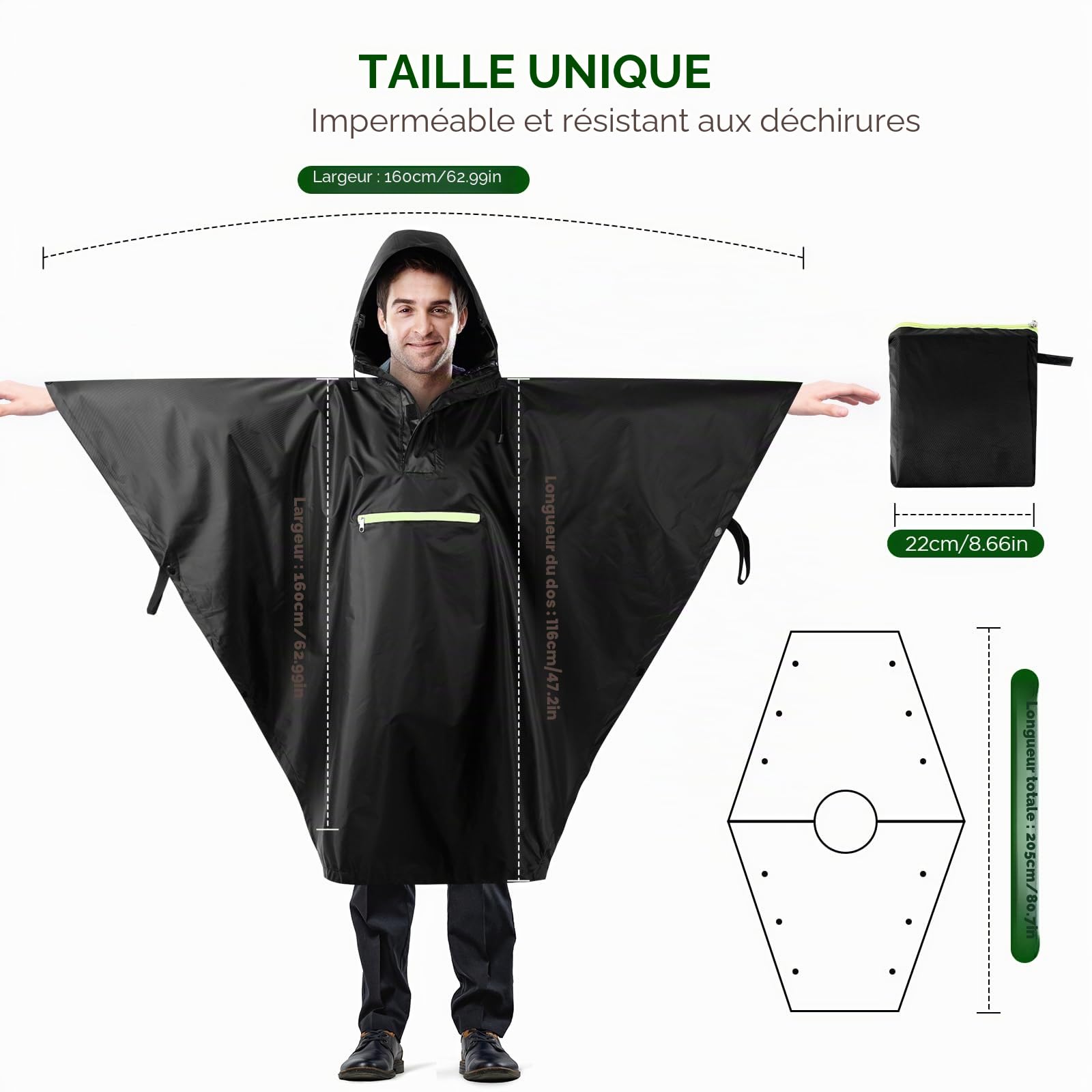 AiQInu Poncho Pluie Imperméable avec Manches Ventilées, Poche à Capuche, Bandes Réfléchissantes, Légère et Réutilisable, Pour le Camping, la Randonnée, l'Extérieur et l'Utilisation Quotidienne