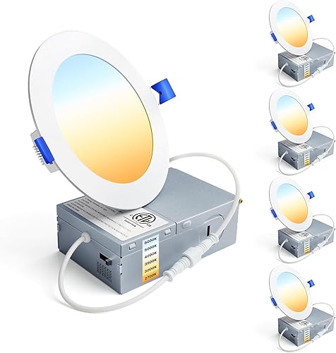 Ensenior Paquete de 4 luces LED de techo empotrables de 4 pulgadas, regulable, 2700K-6000K 6CCT, 750LM 9W 120V, luz descendente de oblea sin lata de