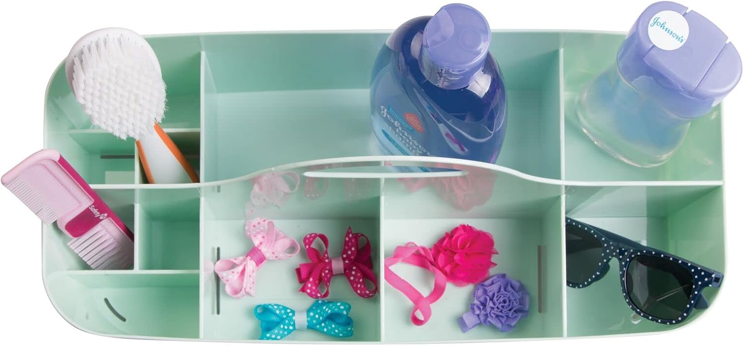 mDesign Plastic Nursery Divided Storage Caddy Tote Bin with Handle for Baby/Kids - Hold Bottles, Spoons, Bibs, Pacifiers, Diapers, Wipes, Lotion - Lumiere Collection - Mint Green