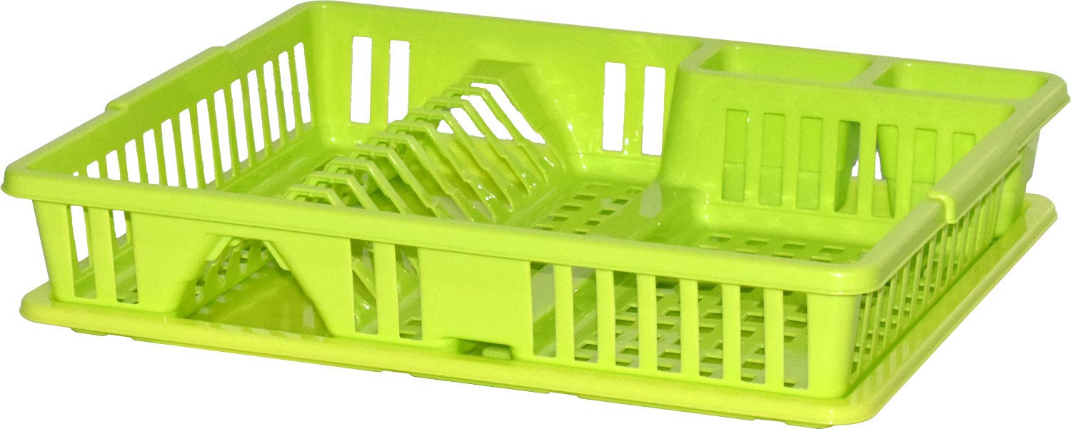 Sterling Ventures Premium Large Plastic Dish Drainer Rack12 Bay with Drip Tray and Cutlery Plate Holder (LIME)