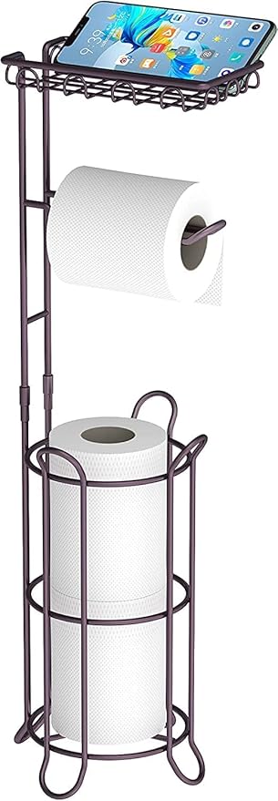 Indian Decor 22434 Toilet Paper Holder Stand with Reserve,Free StandingToilet Tissue Paper Roll Storage Holder with Wipes and Cell Phone Shelf for Bathroom Toilet - Black