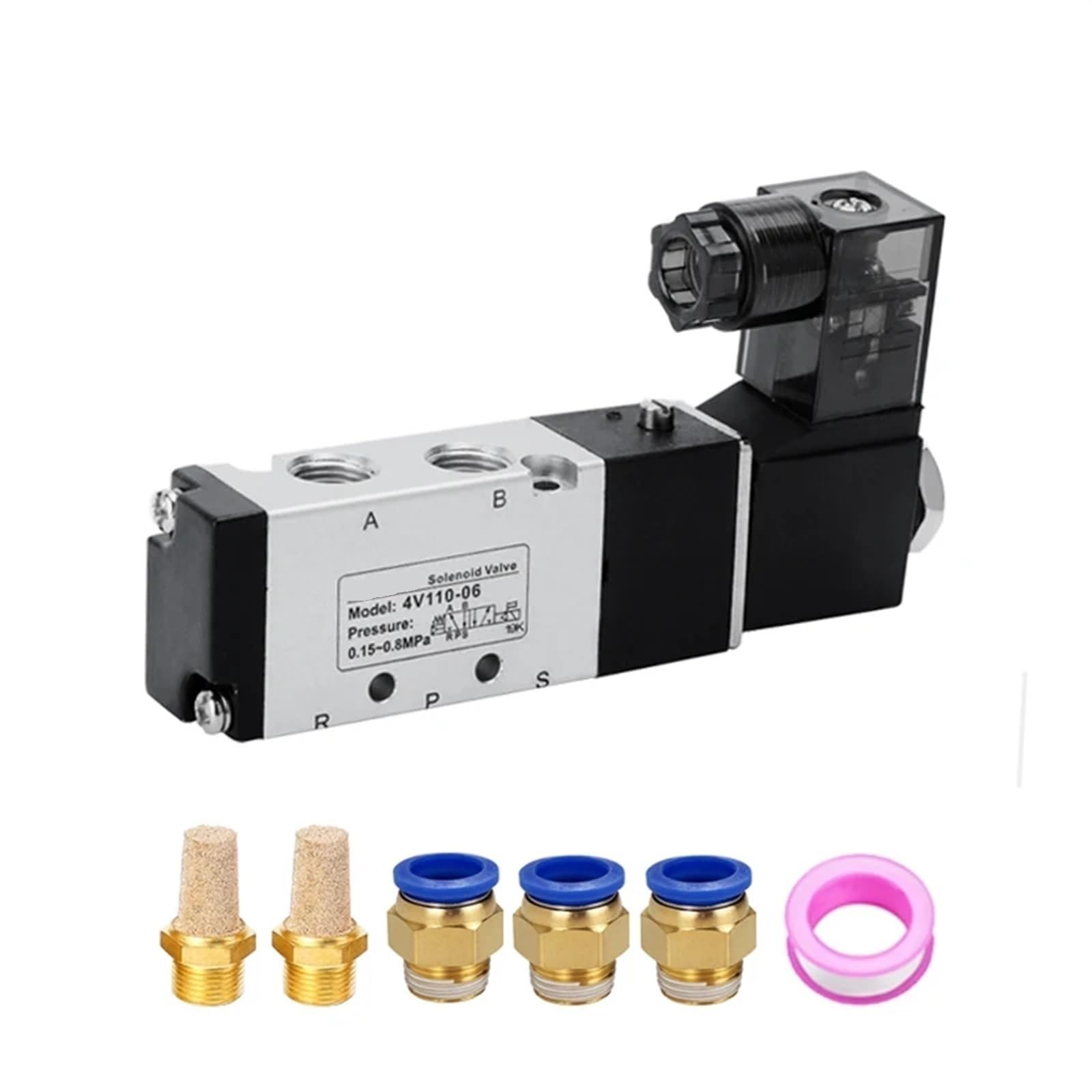 Solenoid Pneumatic Valve 4V110-06 5/2 Way 5 Port 2 Position for Air Compressor Valve DC12V 24V AC24V 110V 220V(4v110-06 and 4mm,AC24V)