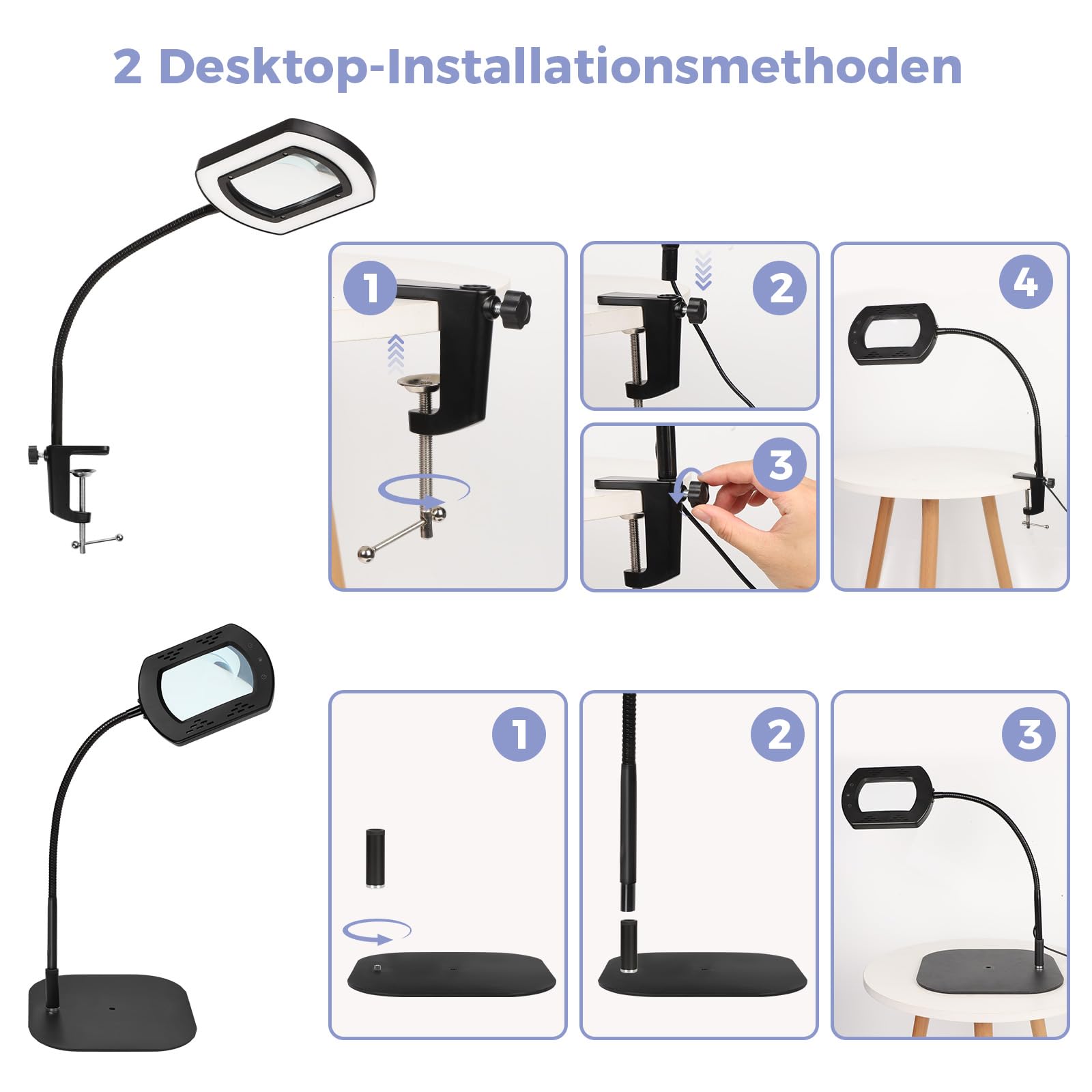 10 x lampa stojąca z lupą ze światłem i stojakiem, elastyczna lampa LED z lupą typu łabędzia szyja z zaciskiem, 5 trybów kolorów, bezstopniowe ściemnianie, lupa do czytania 3 w 1 ze światłem dla
