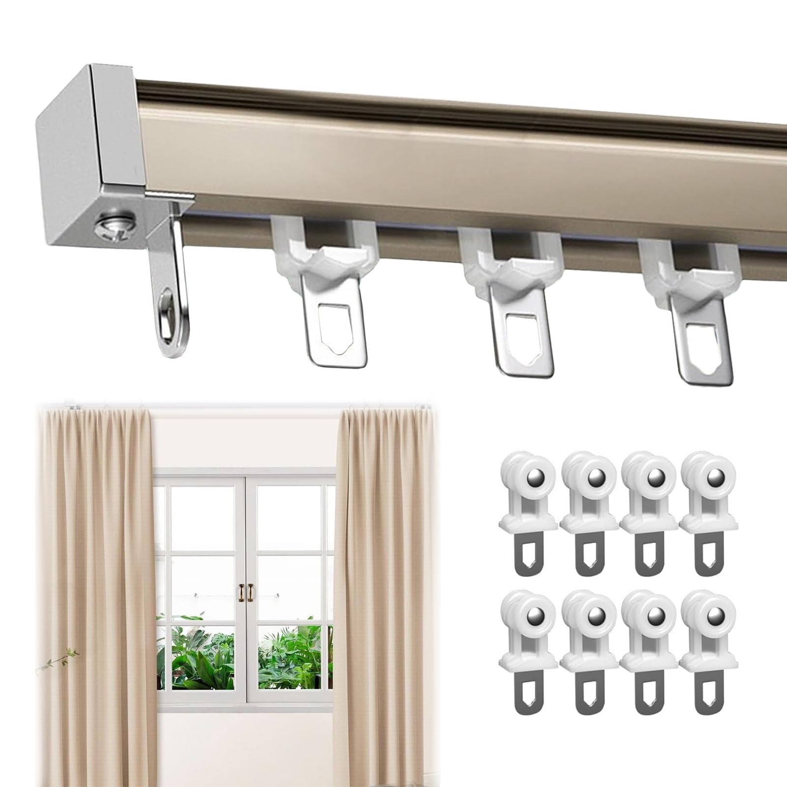 Heavy Duty Curtain Rails Track System, Ceiling Mount For Curtain Rail, Curtain Rail With Mute Rollers, Thickened Heavy Duty Aluminium Double Mute Curtain Tracks Straight Curtain Track ( Color : Champa