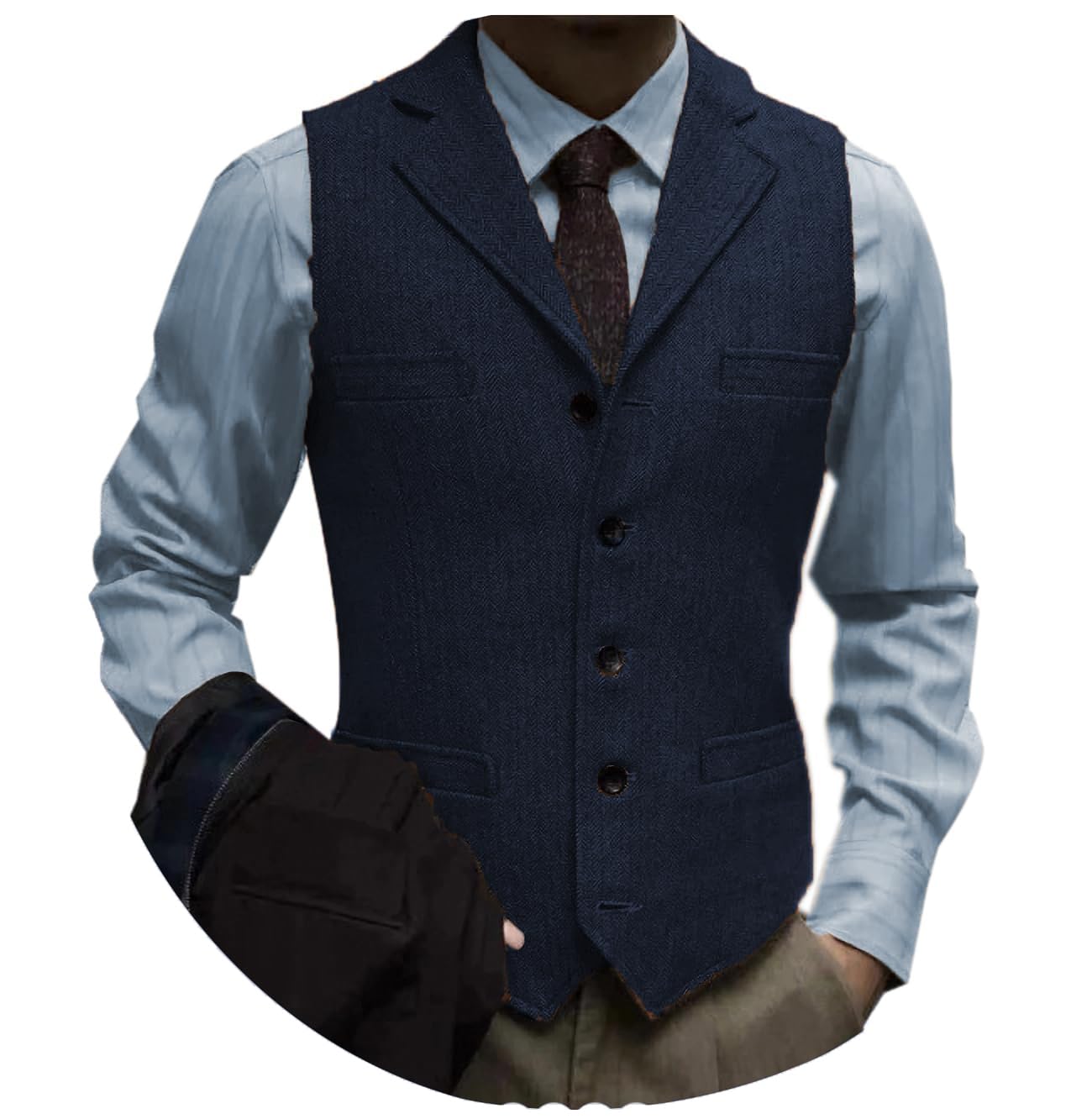 Tuikayoo Men's Tweed Suit Vintage Vest Herringbone Wool Prom Waistcoat Groomsmen, Navy, XL
