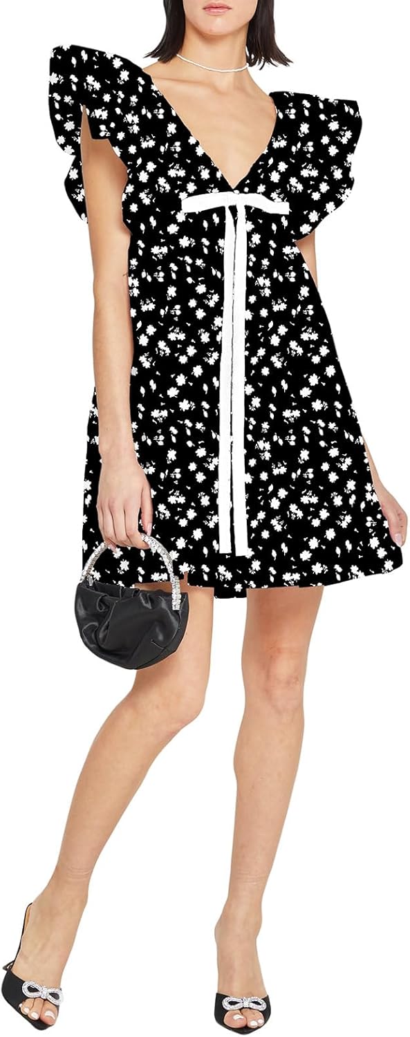 hibshaby Women's Floral Print Mini Dress V Neck Puff Sleeve Dress Short Babydoll Bow Dress - Image 4