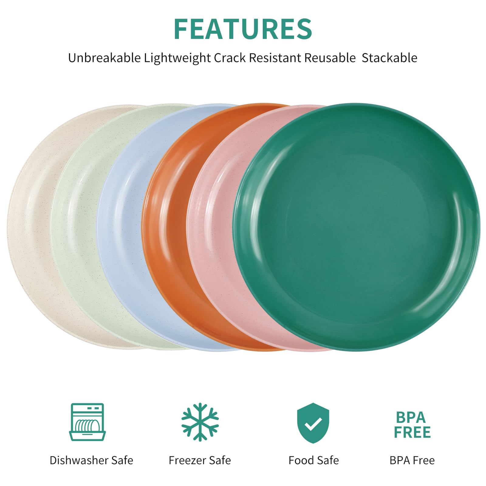 Comius Sharp 6 Platos de Plástico Antideslizantes con Rosca, Platos de 9 Pulgadas para Ensaladas, Pastas, Fiestas, Hogar, Oficina, Microondas y Lavavajillas (KE-PLATE05)
