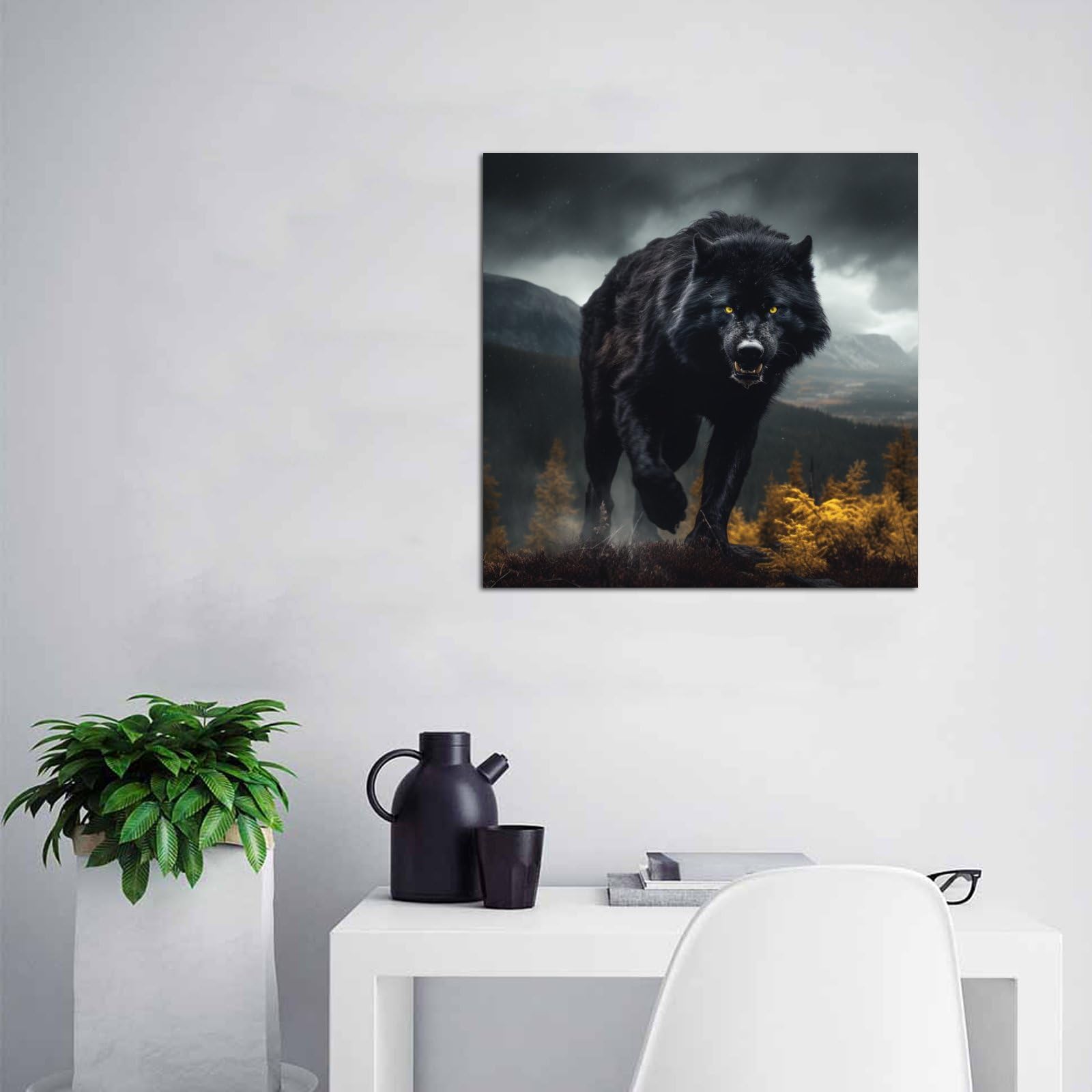 Black Wolf with Yellow Eyes in The Forest Poster Decorative