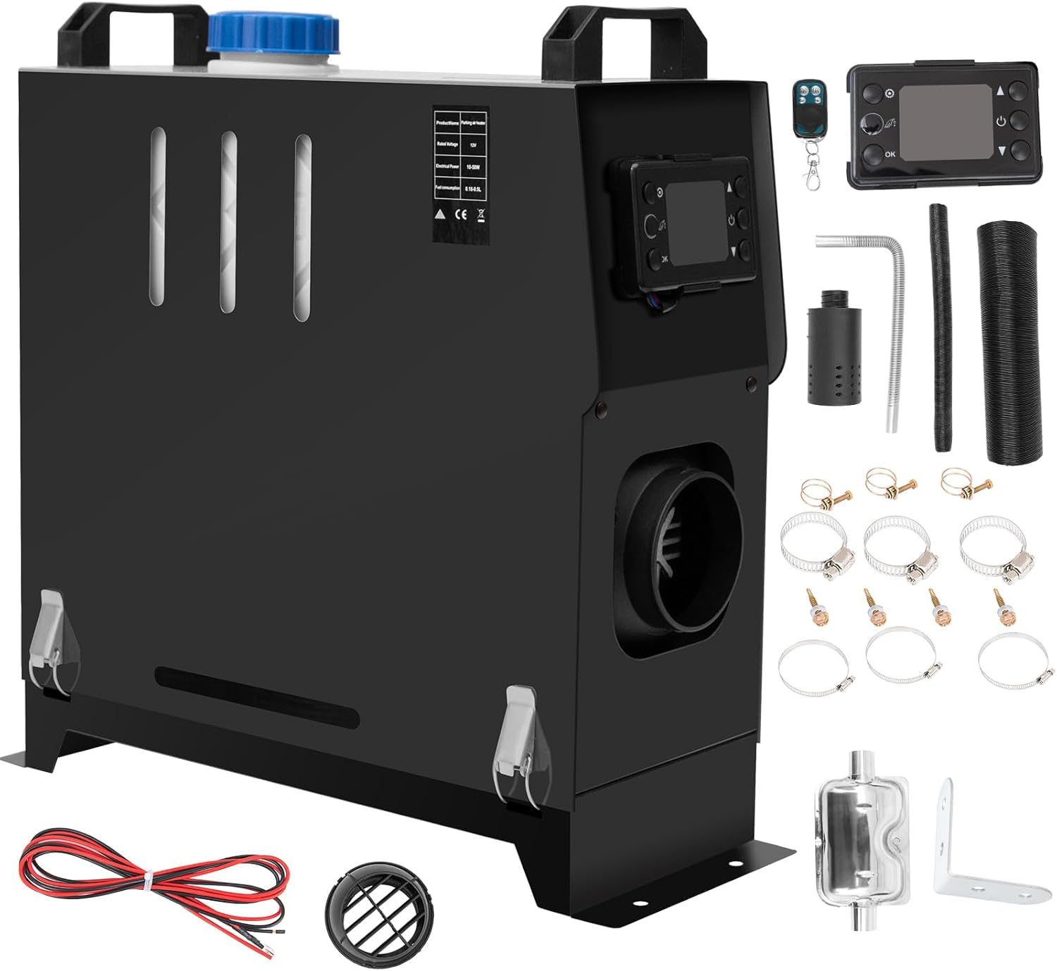 12V 8KW All in One Air Diesel Heizung Standheizung Diesel Nachtheizung mit Schalldämpfer LCD Schalter 10L Tank für LKW, Boot, Auto Anhänger, Campervans, Wohnwagen (Schwarz)