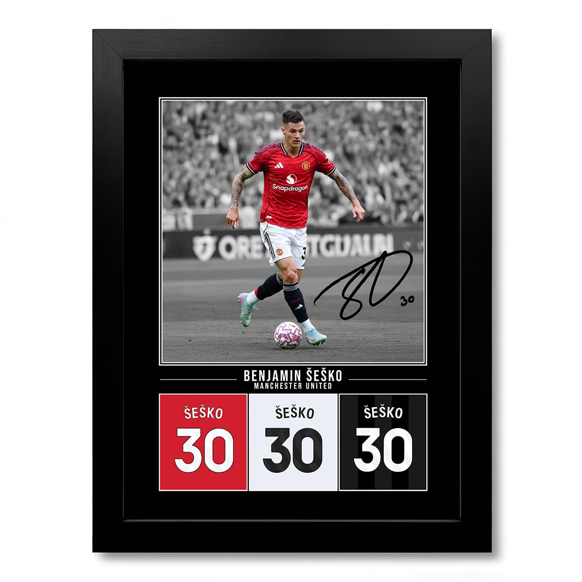 Mounted Gifts Trading A4 Black Framed Benjamin Sesko Manchester United Signed Photo Poster Print Picture Display Framed Autograph Memorabilia For Football Fans Gift Man Utd Šeško Slovenia (A4 Black Framed)