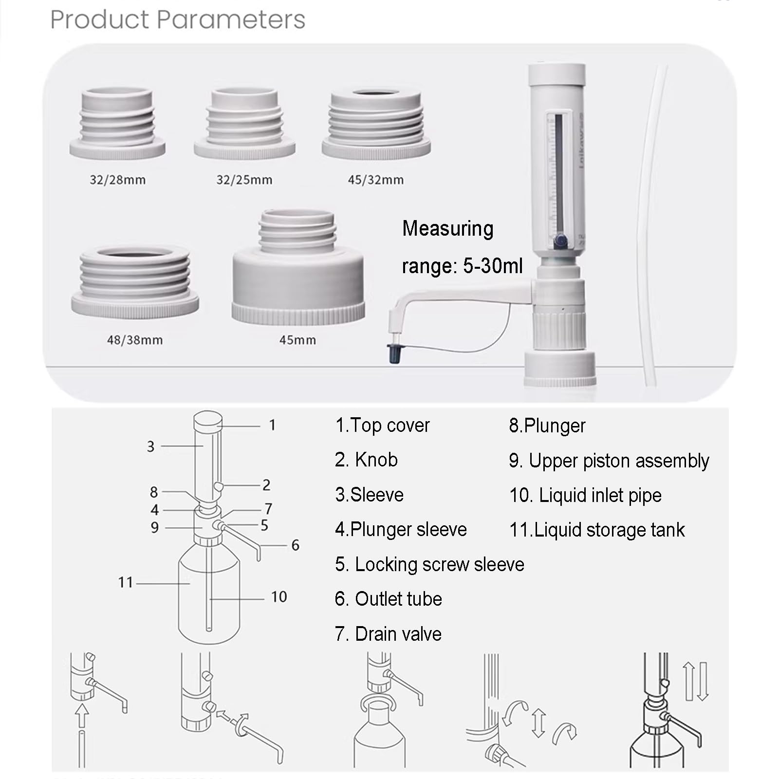 Labor-Flüssigkeitsspender Bürette mit 5 Standard-Gewindeadaptern, einstellbares Volumen 5-30 ml, präzise Dosierung von Chemikalien und Reagenzien aus Flaschen