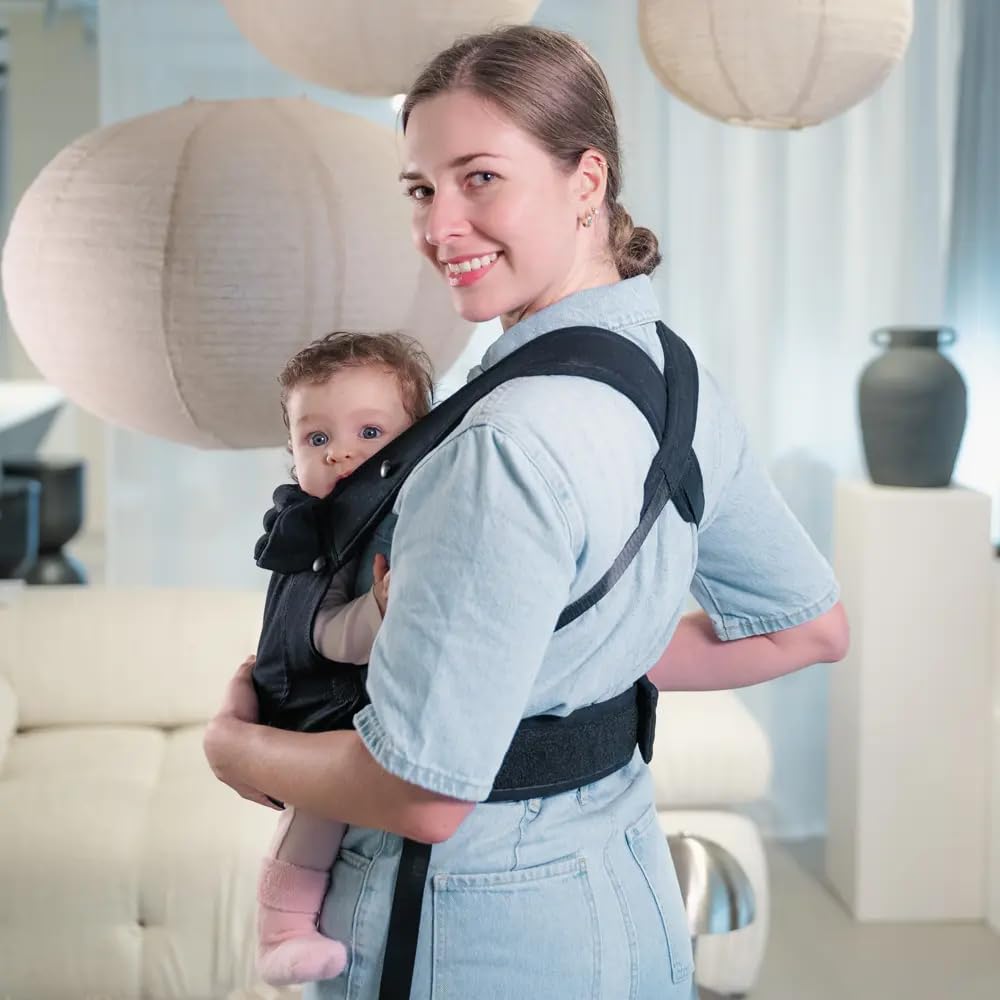 LIINI® Babytrage aus Baumwolle (Schwarz) – ab Geburt (3,5 kg) bis 15 kg, verstellbare Träger, Kopfstütze, Klickverschluss, ergonomisch & bequem – CE EN71-3 & SGS EN13209-2