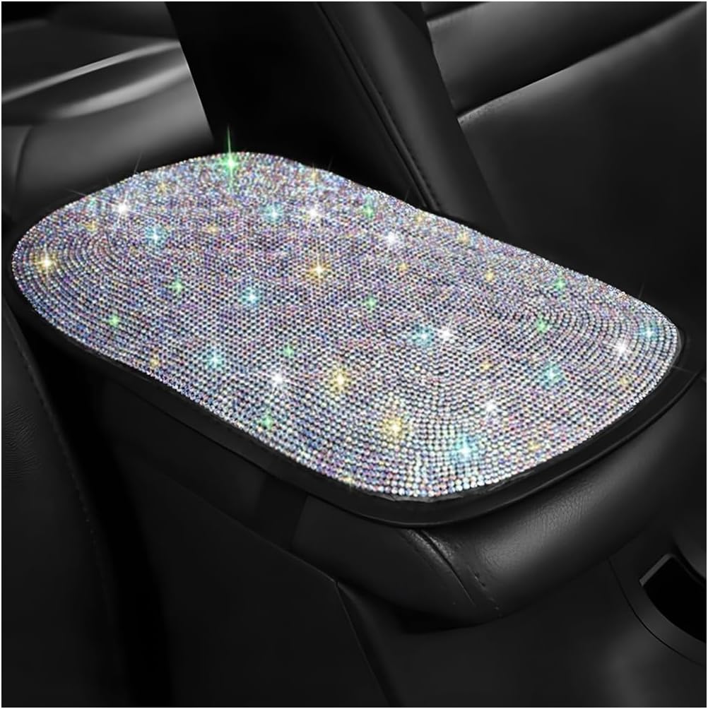 Bling Car Center Console Cover, Crystal Rhinestone Leather Vehicle Armrest Box Protector Cushion Pad for Women Girls, Soft Comfortable Auto Arm Rest Mat, Universal for SUV RV Truck (AB Color)