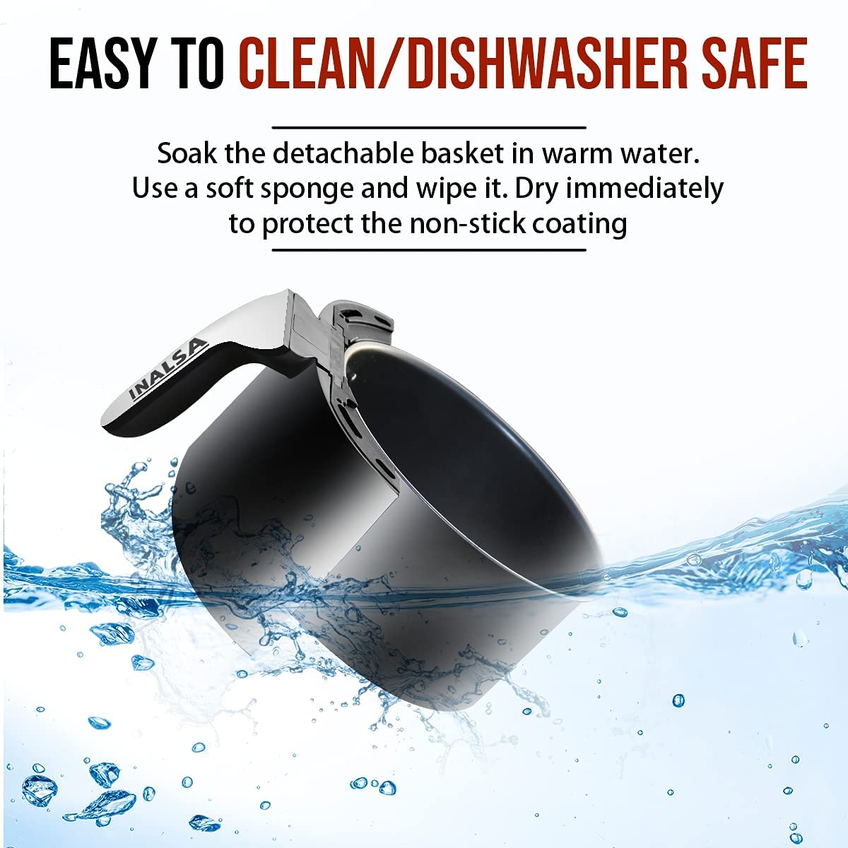 INALSA Air Fryer basket being cleaned in water