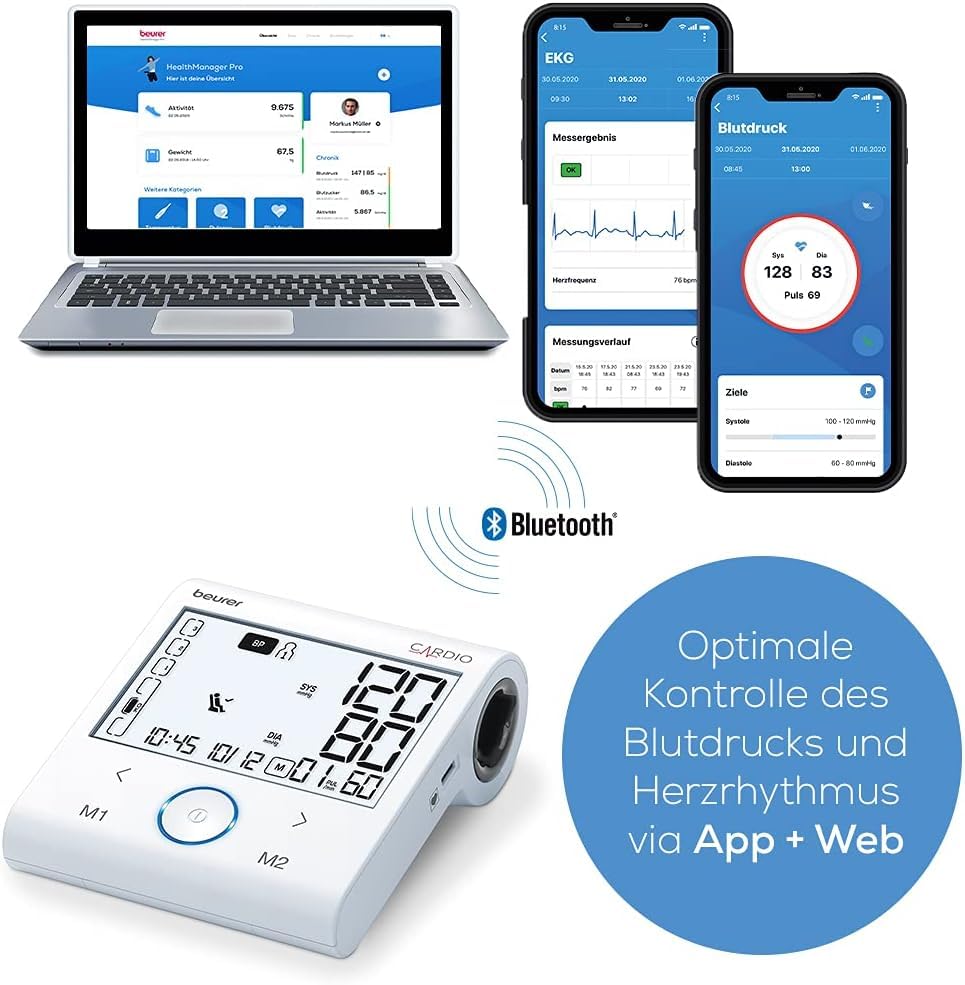 Beurer BM 96 Cardio Blutdruckmessgerät mit EKG-Funktion, Blutdruck- und Pulsmessung am Oberarm, zur...