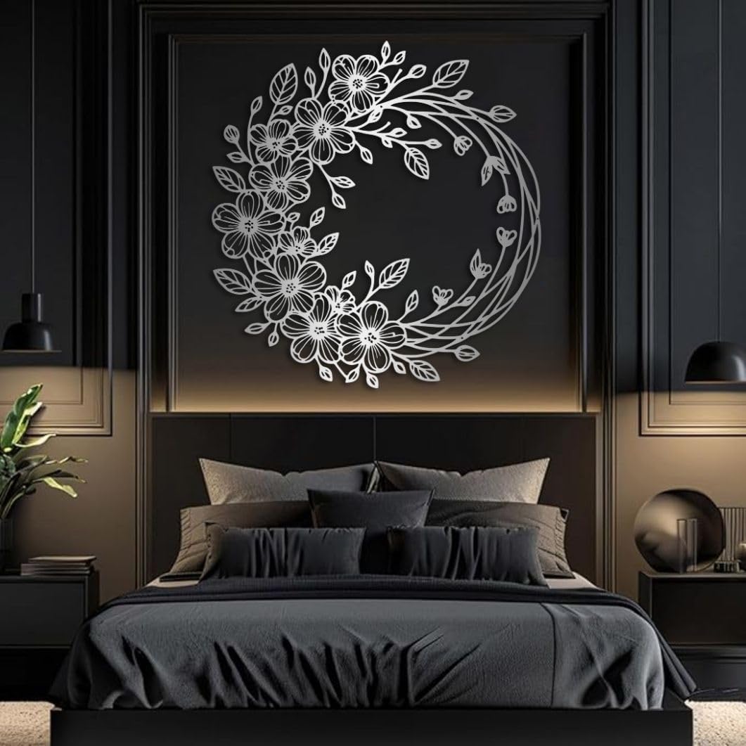 sawjug Flower Wreath Metal Wall Art, Metal Flower Wall Decor, Floral Wall Decor for Living Room, Bedroom, Entryway (Black,24"x22" / 60x57cm)
