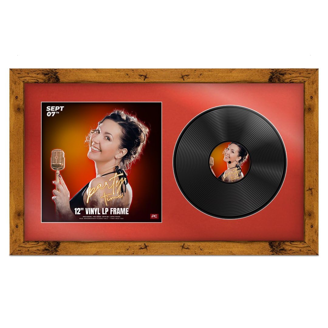 Procut Global 30x17" Rustic Oak Vinyl Record Frame for 12 Inch LP Cover & Disc - Premium Display Modern Photo Frame - Engineered Wood with Shatterproof Perspex - Music Lover Gift - Poppy Red Mount