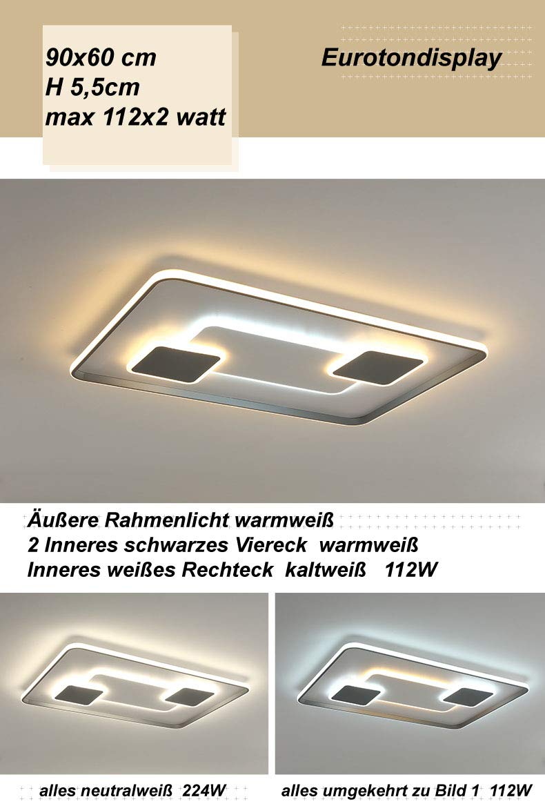 9641CFX, 90x60cm LED Deckenleuchte mit Fernbedienung Lichtfarbe/Helligkeit einsetllbar Deckenlampe weiß/grau (9641CFX, 90x60cm 224W)