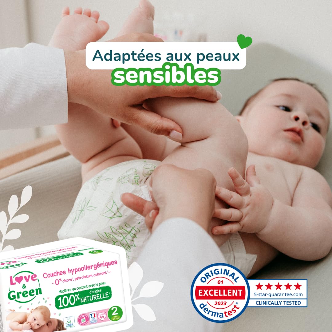 Love & Green - Hipoalergiczne pieluchy dla niemowląt 0% - Rozmiar 2 (3-6 kg) - 36 pieluch
