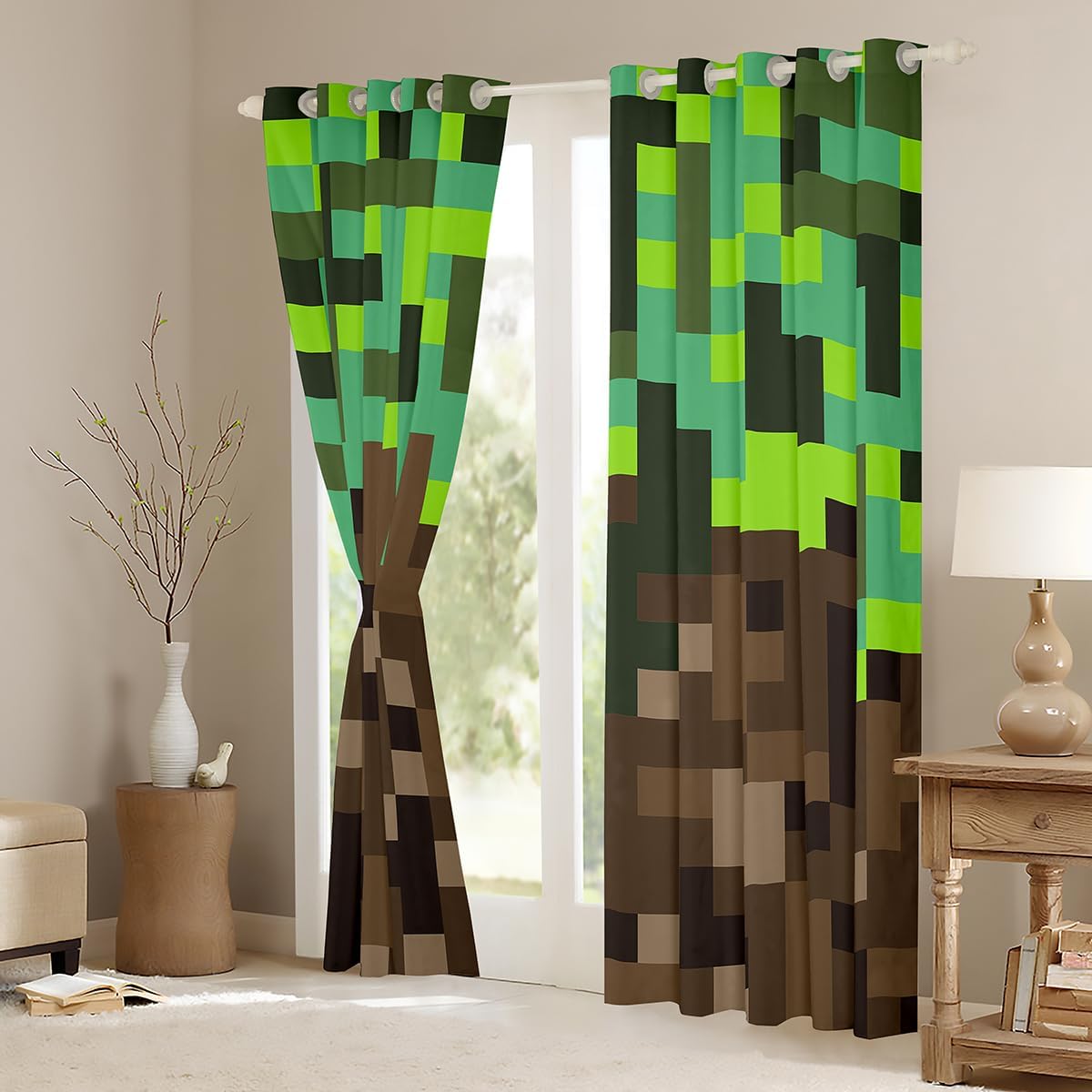 Manfei Miners Pixel Checked Boys Girls Room Decor,Video Games Check Lattice Window Curtains,Game Cartoon Gamepad Blackout Curtains,Green Brown 2 Panels,38Wx45L inch