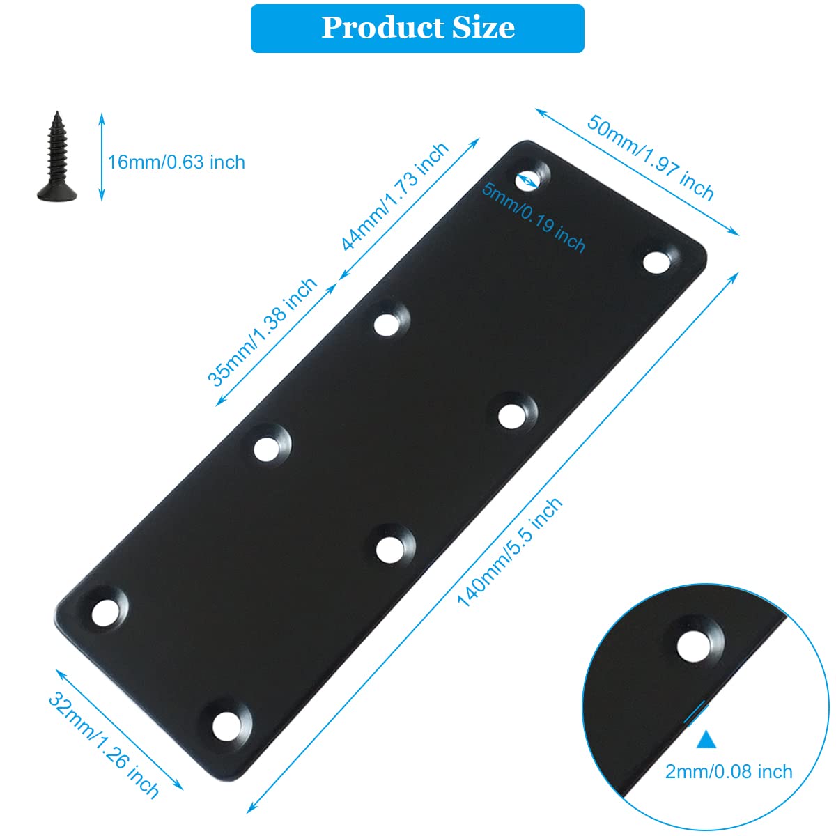 10 piezas de placa de reparación plana negra de acero inoxidable soporte plano de 5.5 x 1.9 pulgadas soporte de fijación recto de metal para madera, con tornillos