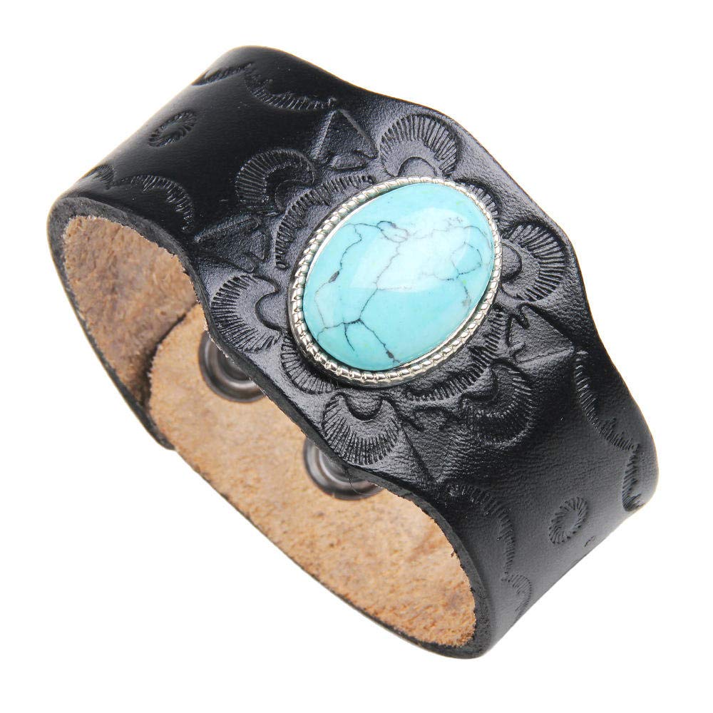 Pulsera De Cuero Para Pareja,Pulsera De Cuero Vintage Temperamento De Moda Pareja De Estudiantes Pulsera De Cuero Ancha Negra En Relieve Abotonada Turquesa Unisex Personalidad Accesorios De Ropa Joye