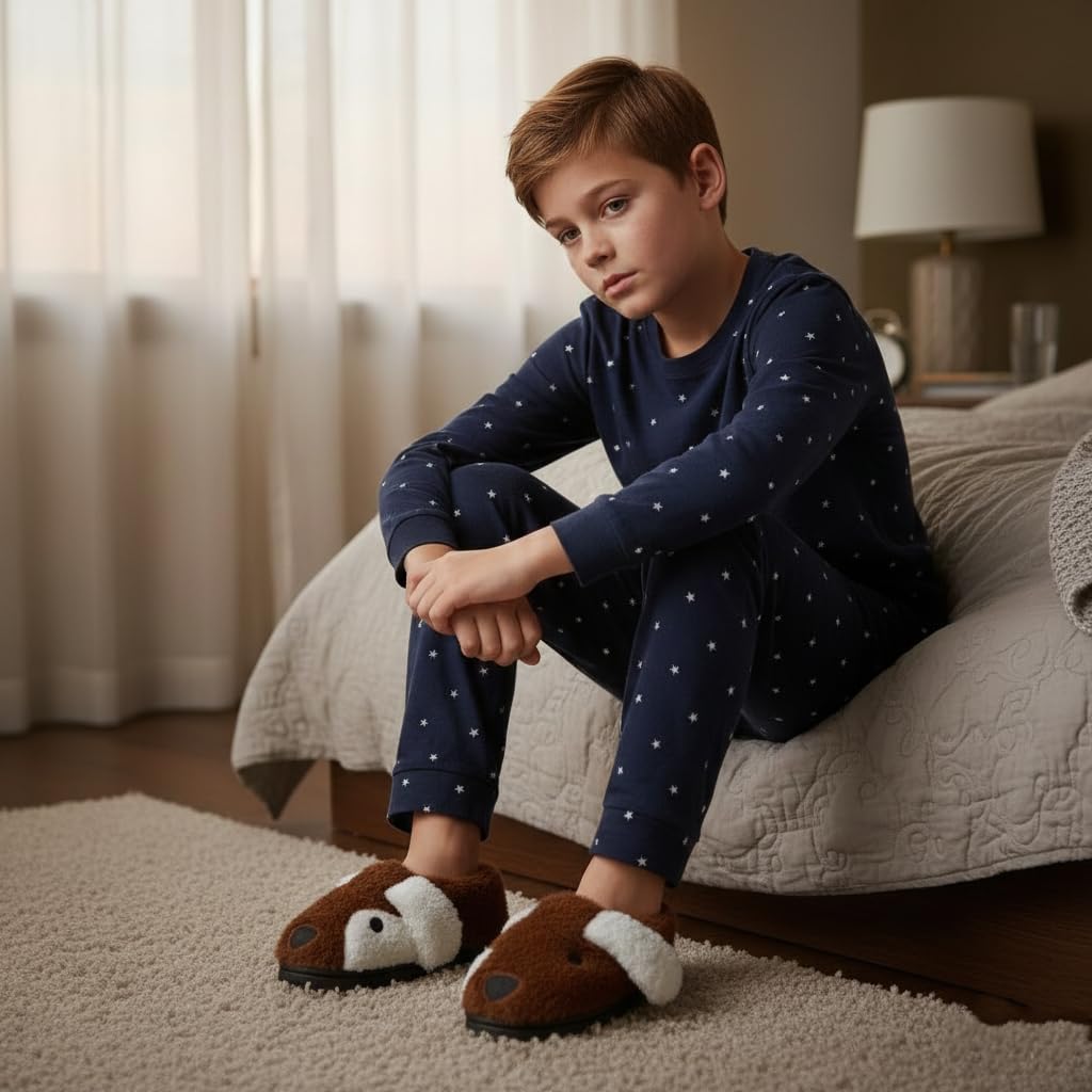A2Z 4 Kids Lindas pantuflas 3D de animales de felpa suave y cálidas, calzado de interior con suela antideslizante, zapatos de invierno acogedores para niños y niñas, diseño de cachorro marrón, tallas
