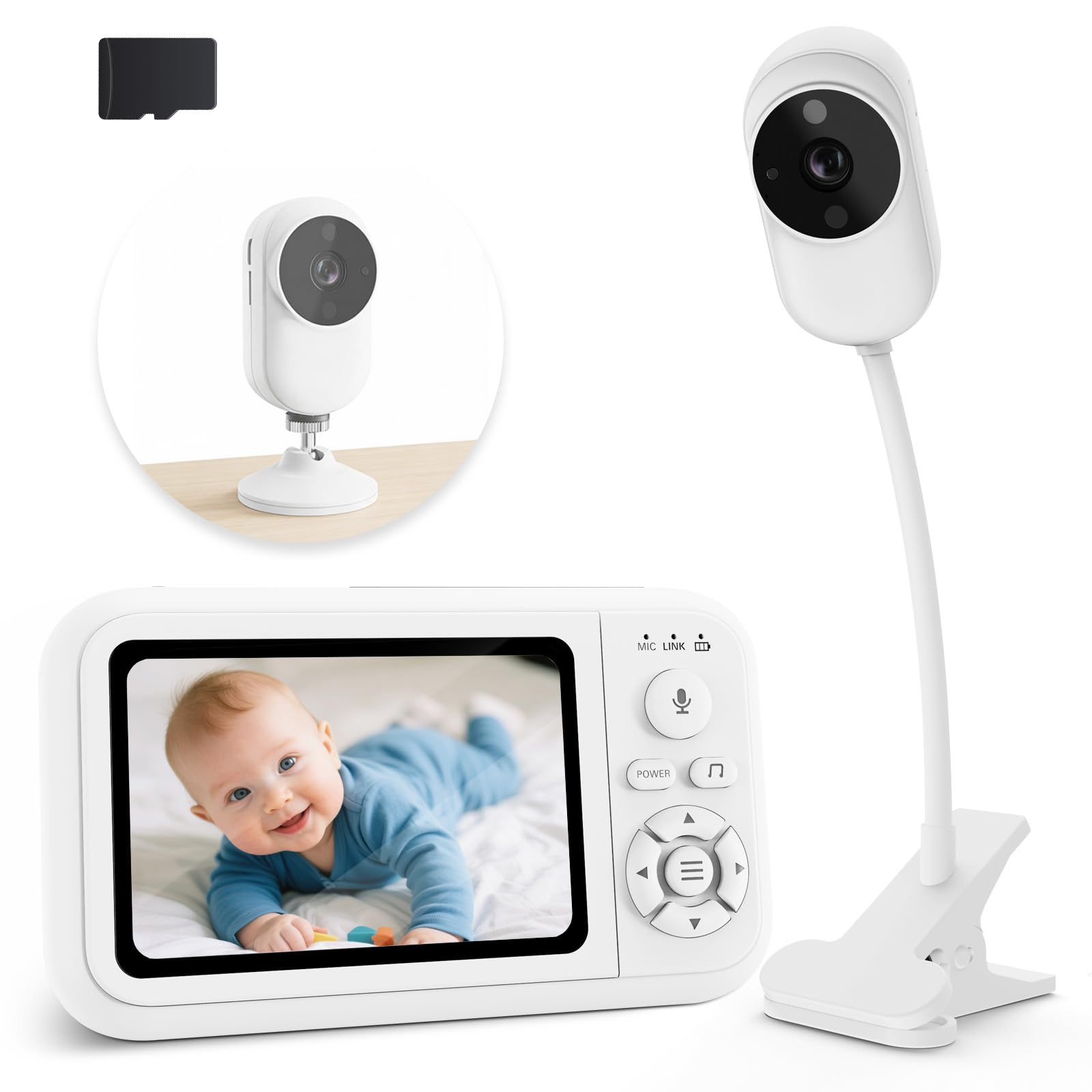 Babyphone Camera avec Clip et Support pour Lit, 1080P Camera Bebe Surveillance Sans WIFI, avec 3.5" IPS écran, Audio Bidirectionnel, Détection des Pleurs, Vision Nocturne, Berceuses, Carte SD Incluse