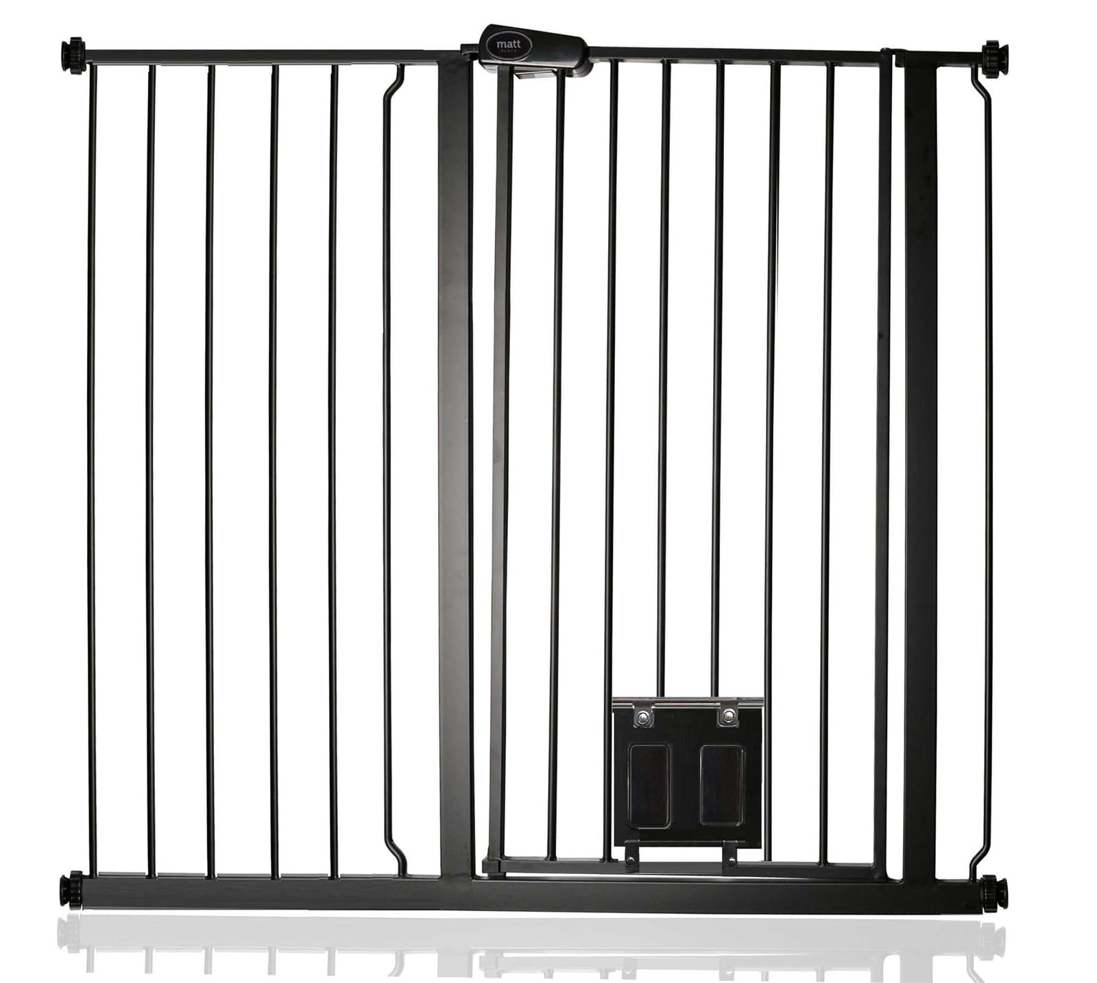 Bettacare Pet Gate with Lockable Cat Flap, 107.4cm - 115cm, Black, 104cm in Height, Extra Tall Dog Safety Barrier with Cat Flap, Easy Installation