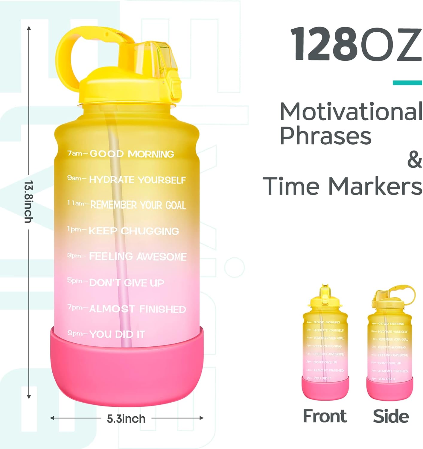 Elvira Large 1 Gallon/128 oz Motivational Time Marker Water Bottle with Straw & Protective Silicone Boot, BPA Free Anti-slip Leakproof for Fitness, Gym and Outdoor Sports-Pink/Yellow Gradient : Sports & Outdoors