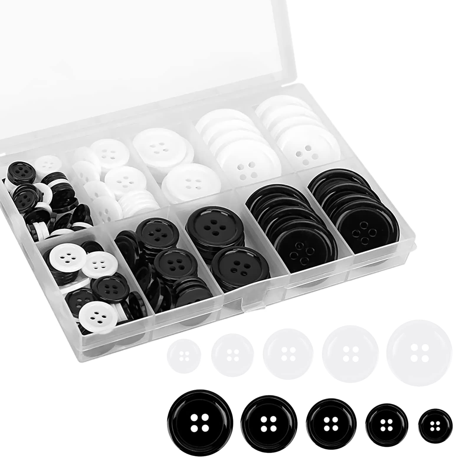 Misazy Sewing Buttons, 160 Pcs Black and White Buttons Shirt Buttons Resin Buttons Round Buttons 4 Holes Buttons with Box Assorted Buttons for Coats Sweaters Pants, 10/12/15/20/25mm