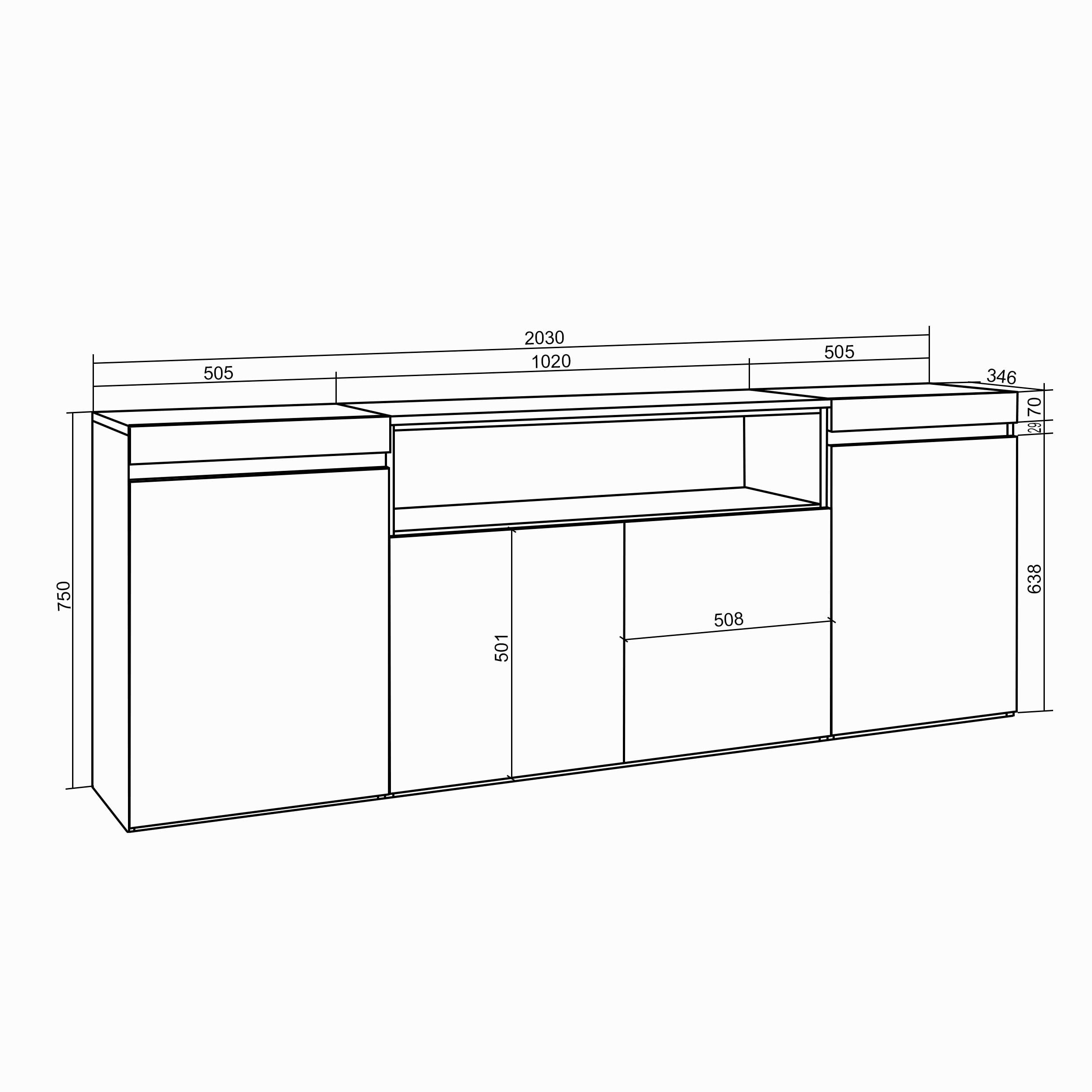 Skraut Home | Sideboard, Highboard | Kommode, Komodenschrank | 200x75x35cm | 4 Türen | Elektrokamin. Maße | Moderner Stil | Schwarz