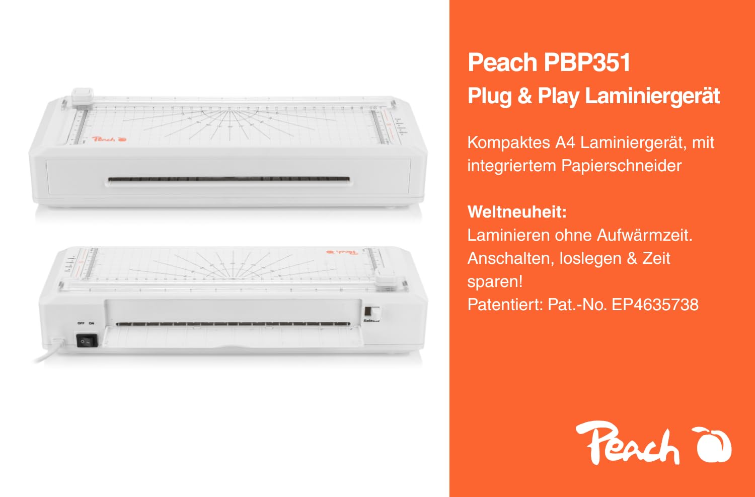 Peach Plastificatrice 3 in 1 A4, Plug & Play, senza tempo di riscaldamento, con trimmer e pellicole plastificanti, adatta per tutte le pellicole comuni fino a 250 mic PBP351A