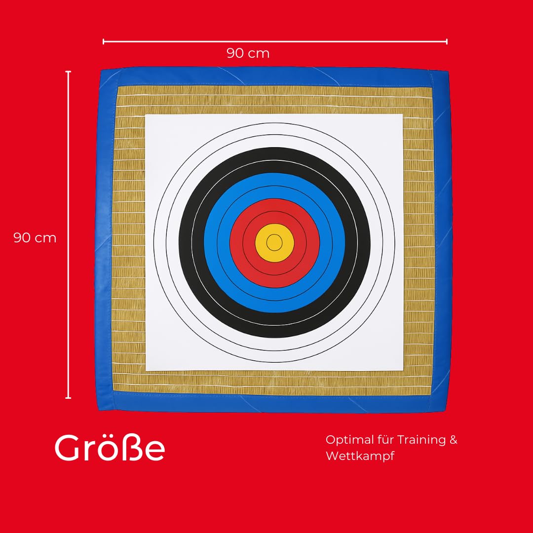 Zielscheibenmatte aus Stroh 90x90 cm | wetterfeste Bogensport Zielscheibe inkl. 3 FITA Zielauflagen, Pfeilfangmatte Schießscheibe für Recurve & Freizeitbogen