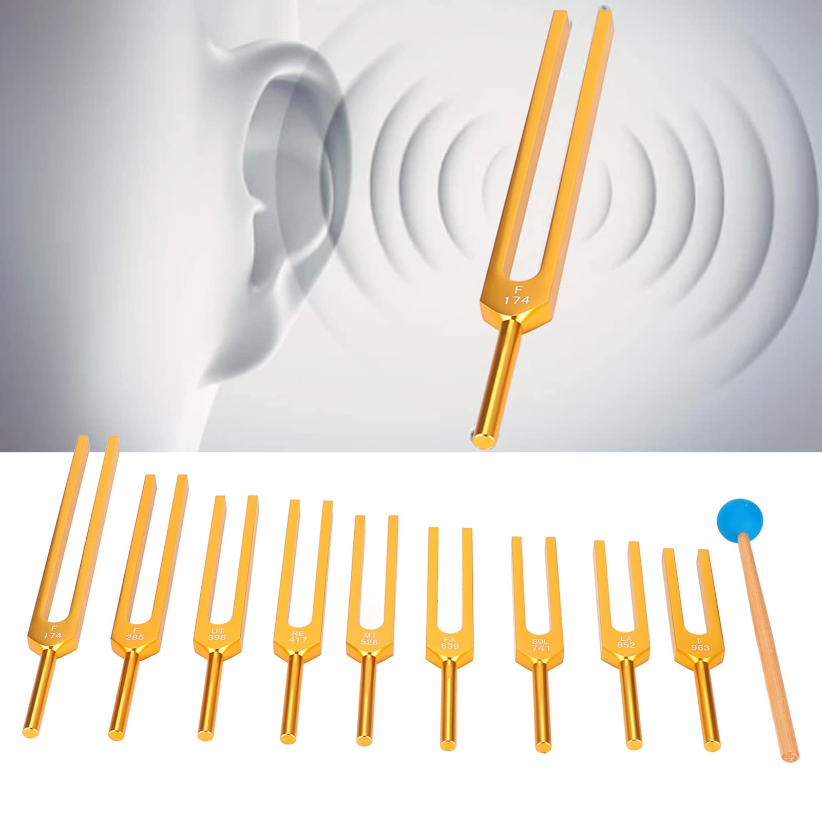 Set 9 Diapason, Diapason Risonante in Lega di Alluminio con Martello a Percussione, DNA Sonoro Guarigione 174Hz 285Hz 396Hz 417Hz 528Hz 639Hz 741Hz Fishawkg2rv06cazp1890