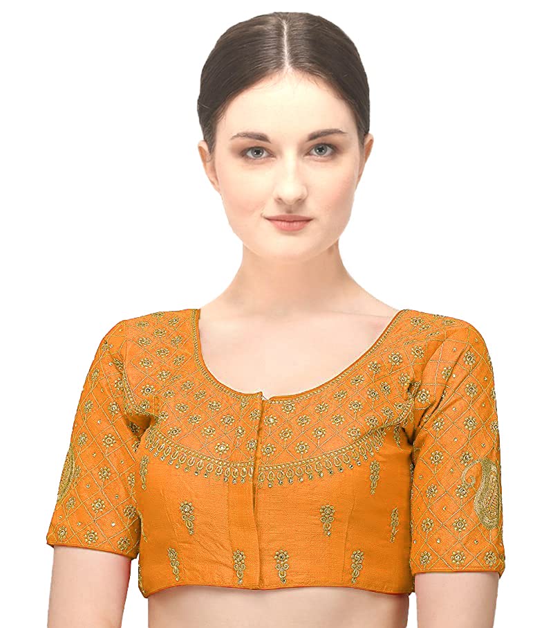 pujia mills Women's Silk Embroidery Handwork Stone Work Keri Design Half Sleeve Readymade Blouse-picture-39