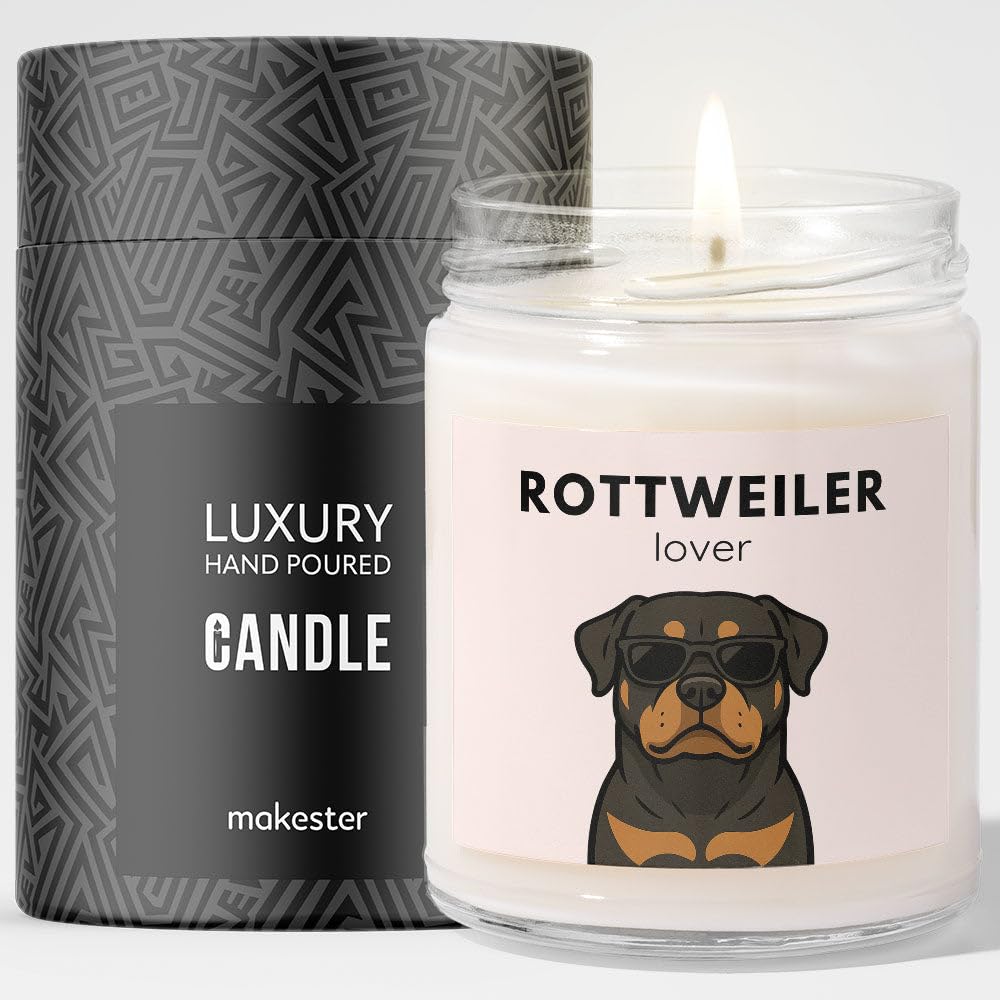 Rottweiler Gifts - Luxury Soy Wax Candle - Vanilla, Jasmine, Sugared Almond - Dogs in Shades - Makester