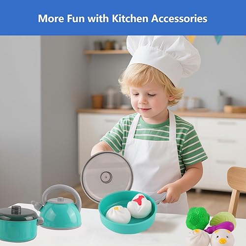 Miniatura 5 de Juego de cocina de 61 piezas para niños, juguetes de cocina con ollas, sartenes, utensilios, regalo de aprendizaje Montessori para niños pequeños