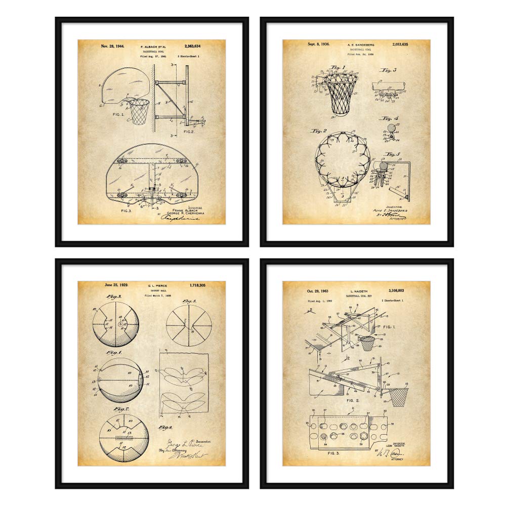Bestbuddy Pet Vintage Basketball Ball Goal Hoop Patent Print Set of 4 Basketball Coach Basketball Decor Wall Poster Art Print Party N051