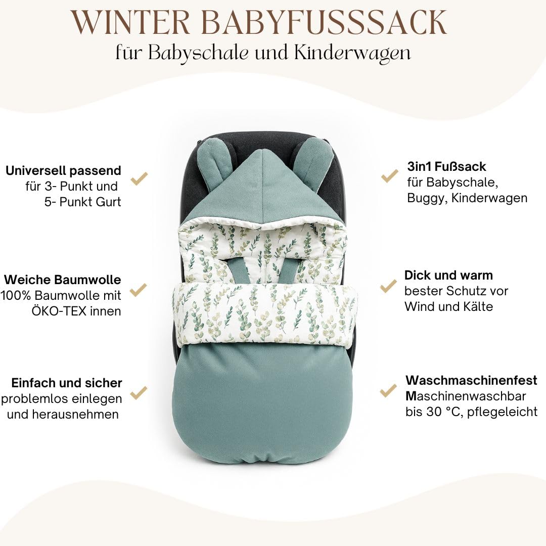 Fußsack für Babyschale Ganzjährig Boucle, Übergang Einschlagdecke universal 3-Punkt Eukalyptus