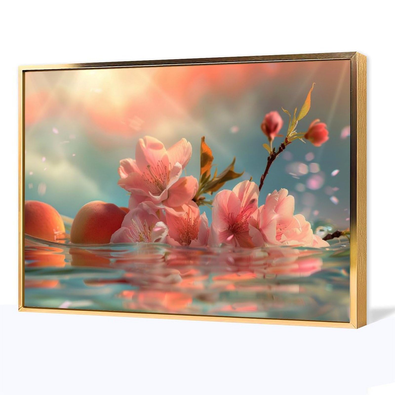 Amazon.co.jp: 絵画 水に浮かぶ桃と桃の花 アートパネル ポスター 魅力