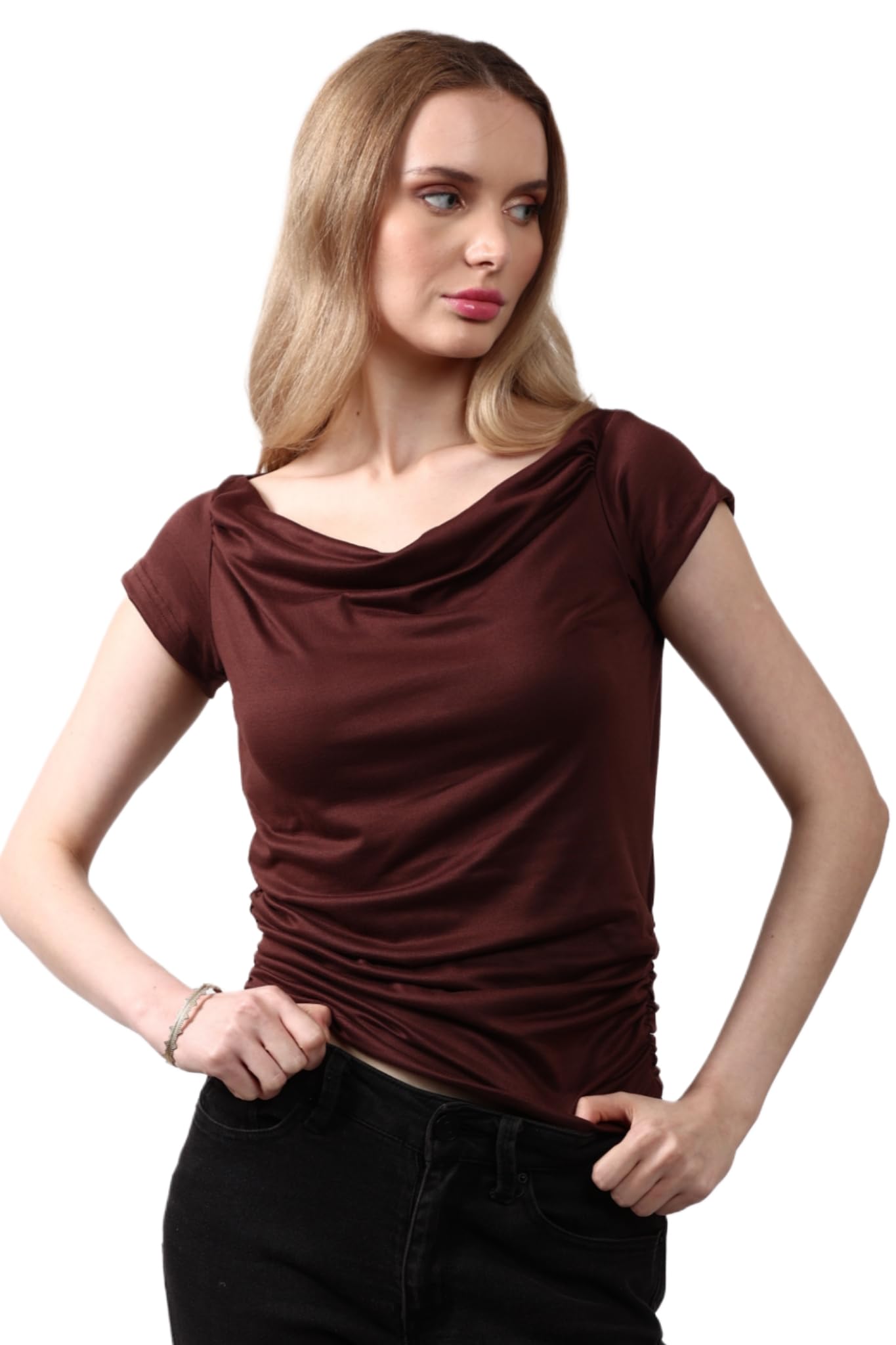 sightbomb Softline Multi Styled Bare Shoulder Ruched Premium Butter Soft Short Sleeve Feather Touch Microfiber Cuddle TEE TOP for Women-picture-22