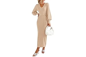 PRETTYGARDEN Women's Knit Pullover Sweater Elegant Long Lantern Sleeve V Neck Maxi Dress