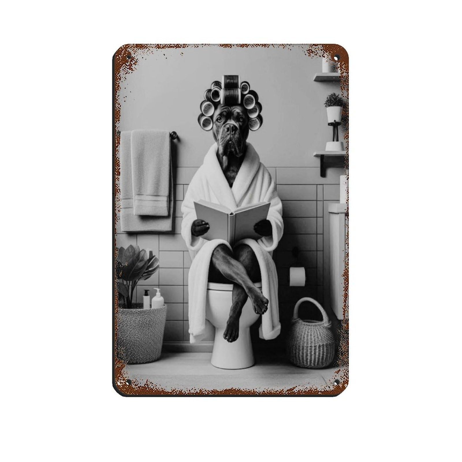 Cane Corso on Toilet Reading Book Tin Sign Vintage Metal Pub Club Cafe Bar Home Wall Art Decoration Poster Retro 8x12inch(20x30cm)