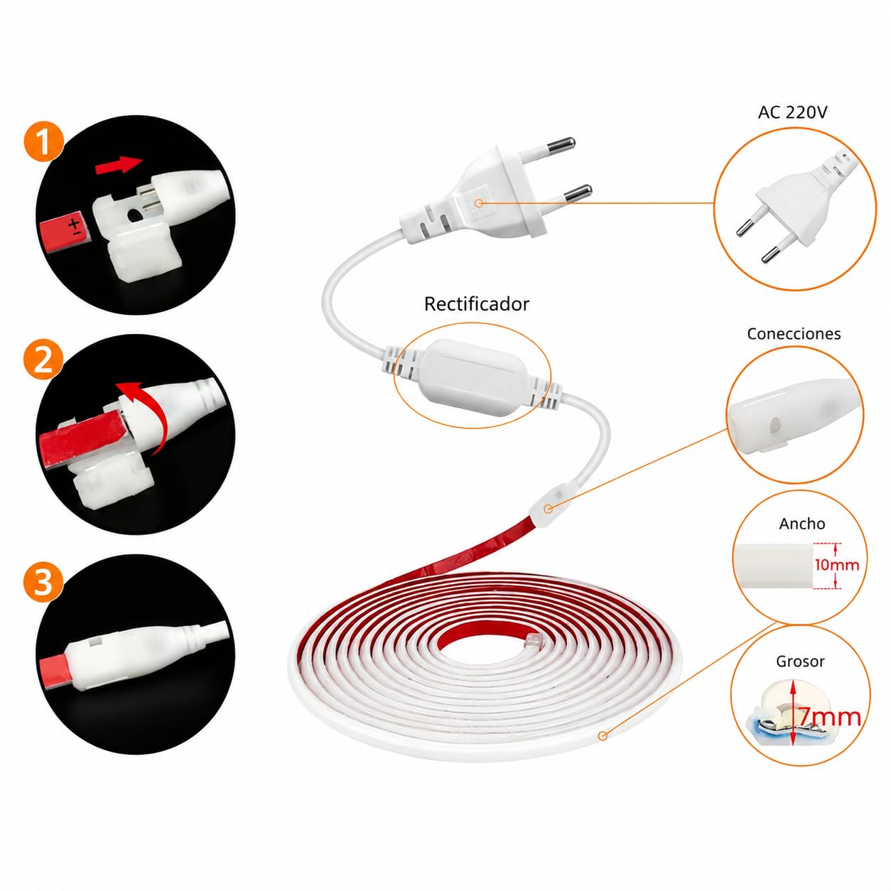 ANSIEN® Ruban LED 220V Néon (Blanc Chaud,6M),Chaque Coupe de 10 cm,12W/m COB Lumière de Corde Haute Brillance,IP65 Imperméable Avec Prise Redresseur et Adhésif,Néon LED pour Maison,Bar