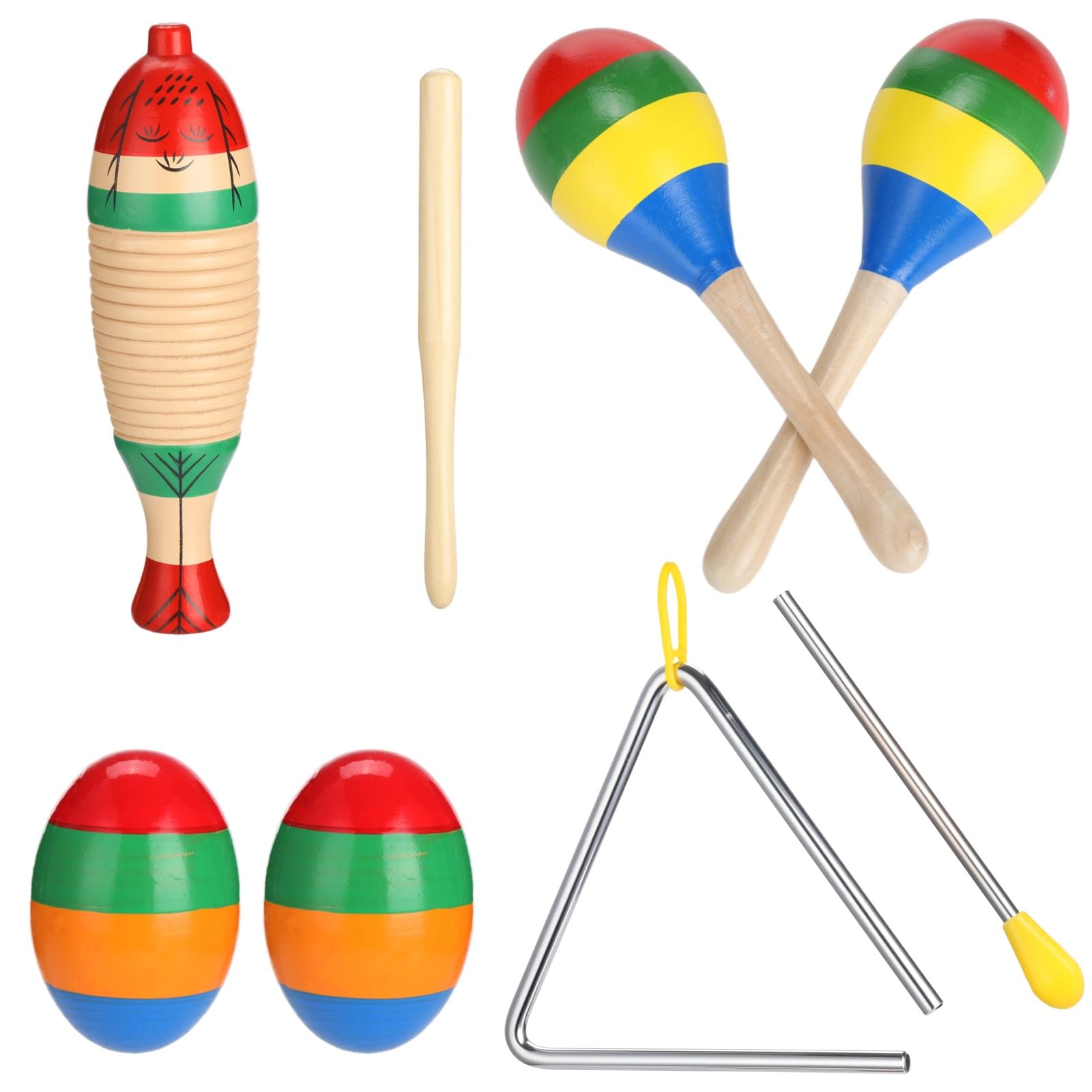 Juego de 7 instrumentos de percusión de madera y acero, con 2 guiros y mazas, 2 maracas, 2 cocteleras de huevo y 1 triángulo con mazo, instrumentos de ritmo para adultos y principiantes